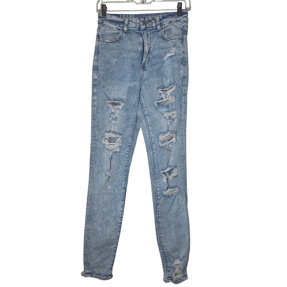American Eagle Curvy Super Hi-Rise Jegging 6 X-Long Distressed Light Wash Jeans